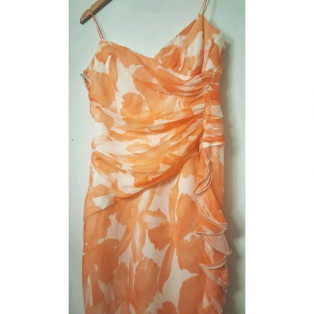 100% Silk Floral‎ Maxi Dress Women's 12 Strappy Ruffle Waterfall Chiffon Fairy - Picture 3 of 16
